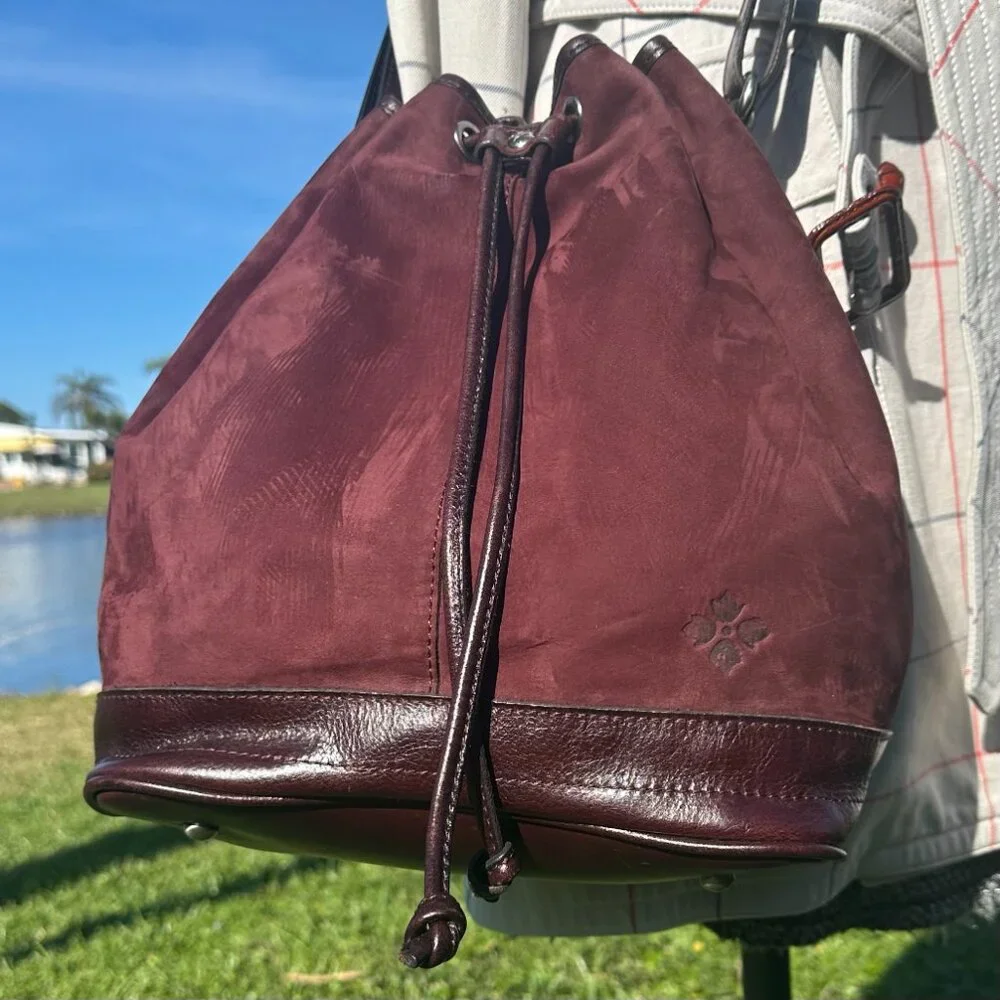 Patricia Nash Melrose Brushed Italian Nubuck Drawstring Bucket Bag Plum Key Fob